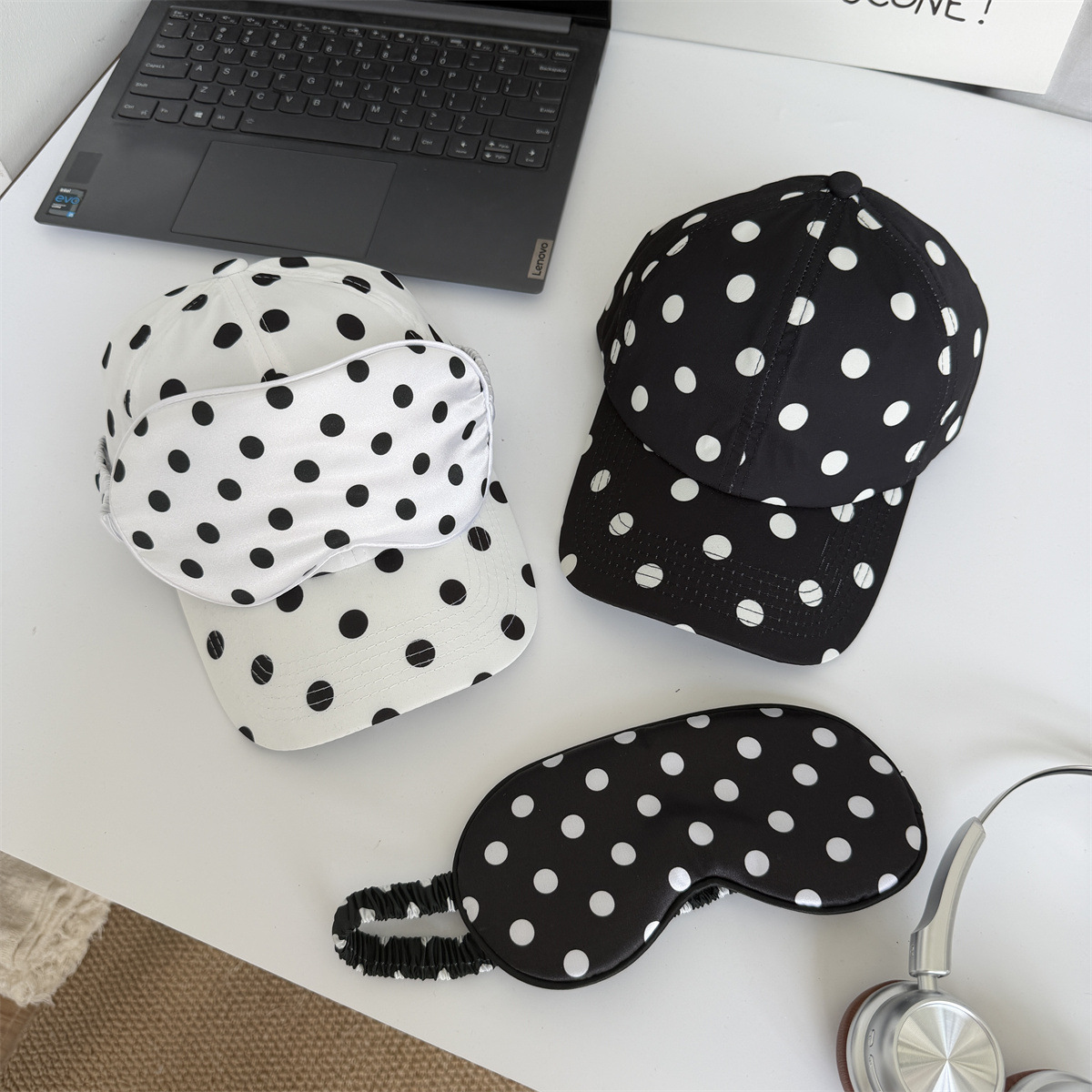 Travel Accessories Kit For Women - Polka Dot Baseball Cap & Eye